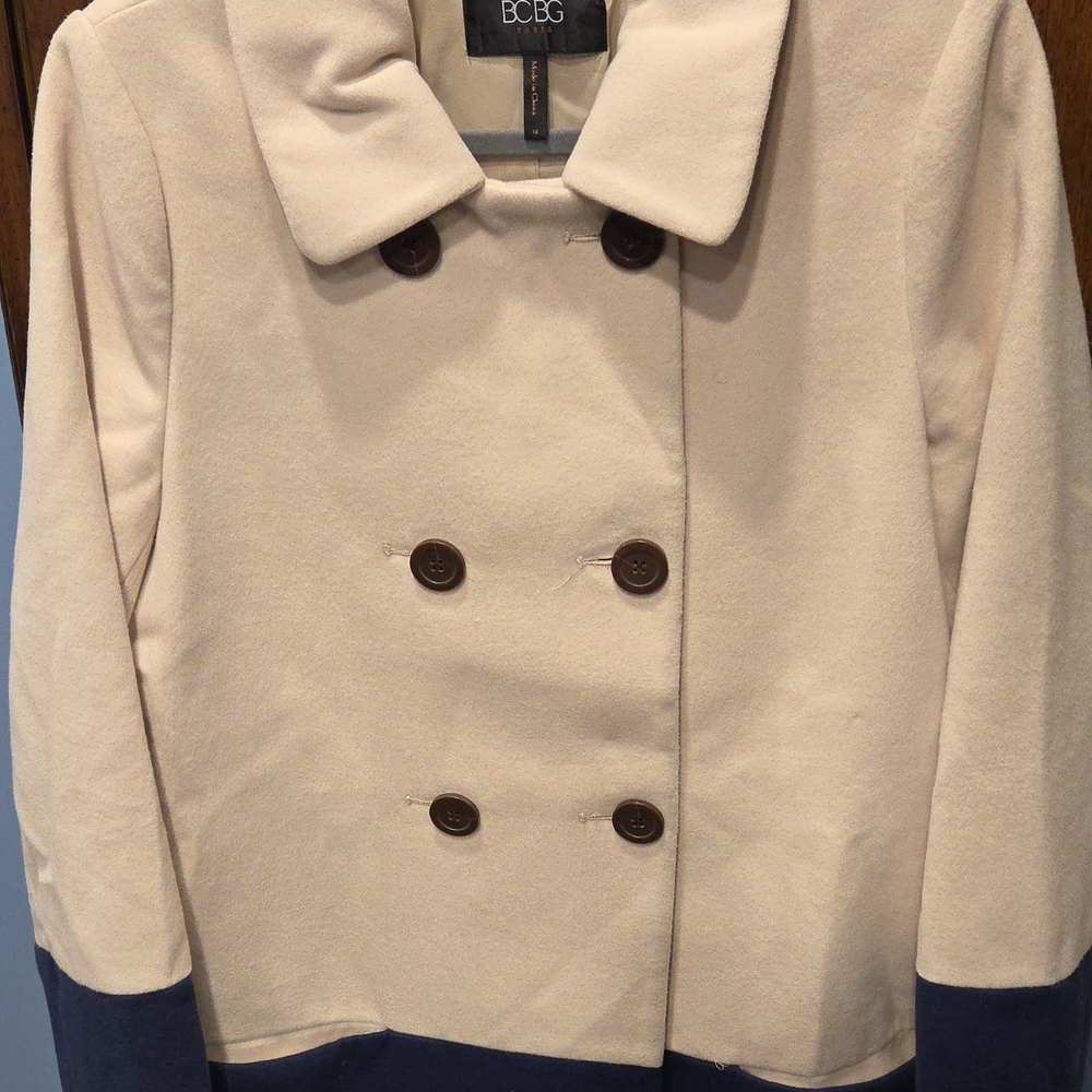 BCBG Women's Tan and Blue Peacoat